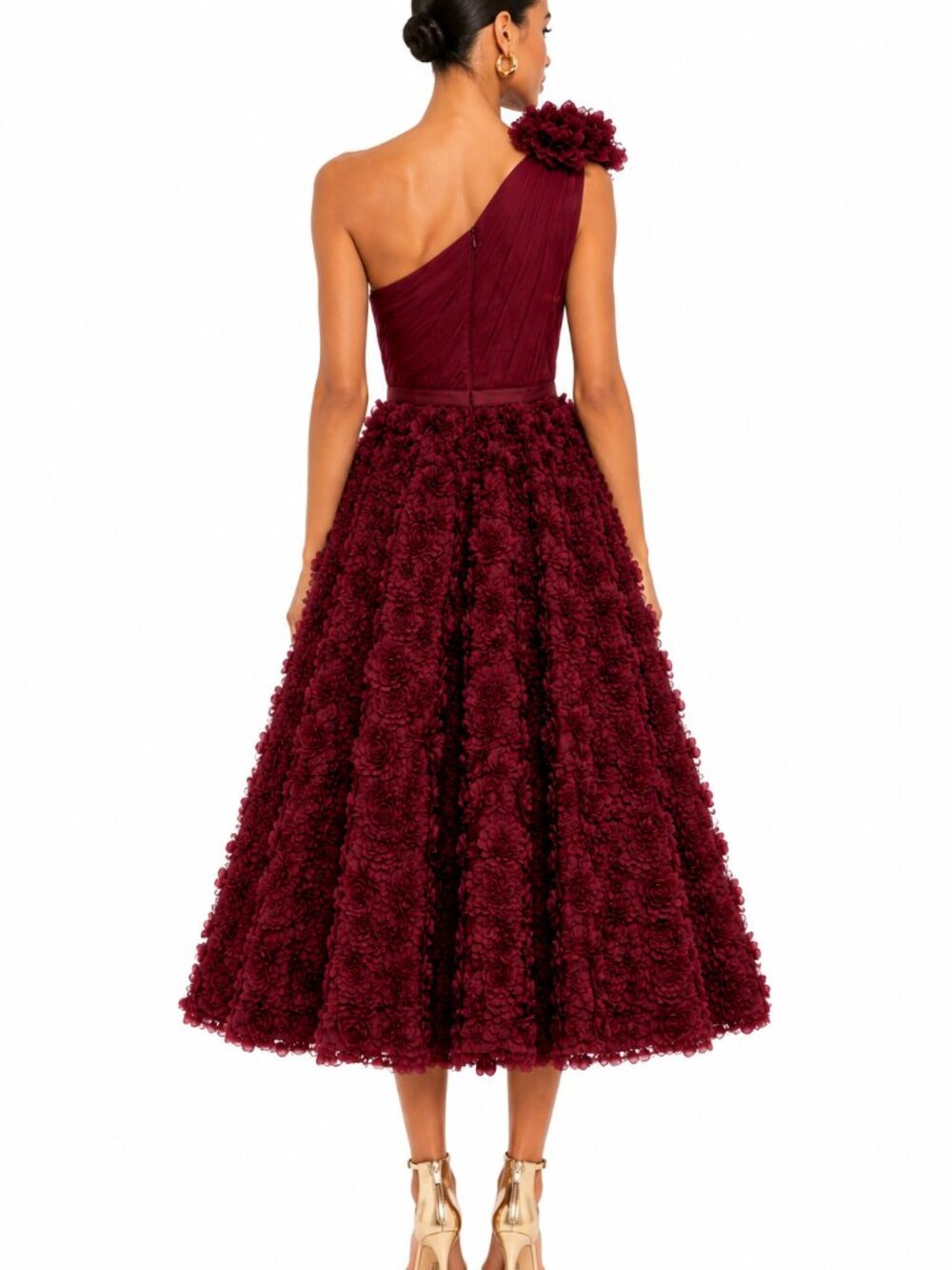 Mac Duggal Ieena One Shoulder Rosette Midi Dress Wine NWT Size 4 - Picture 6 of 6